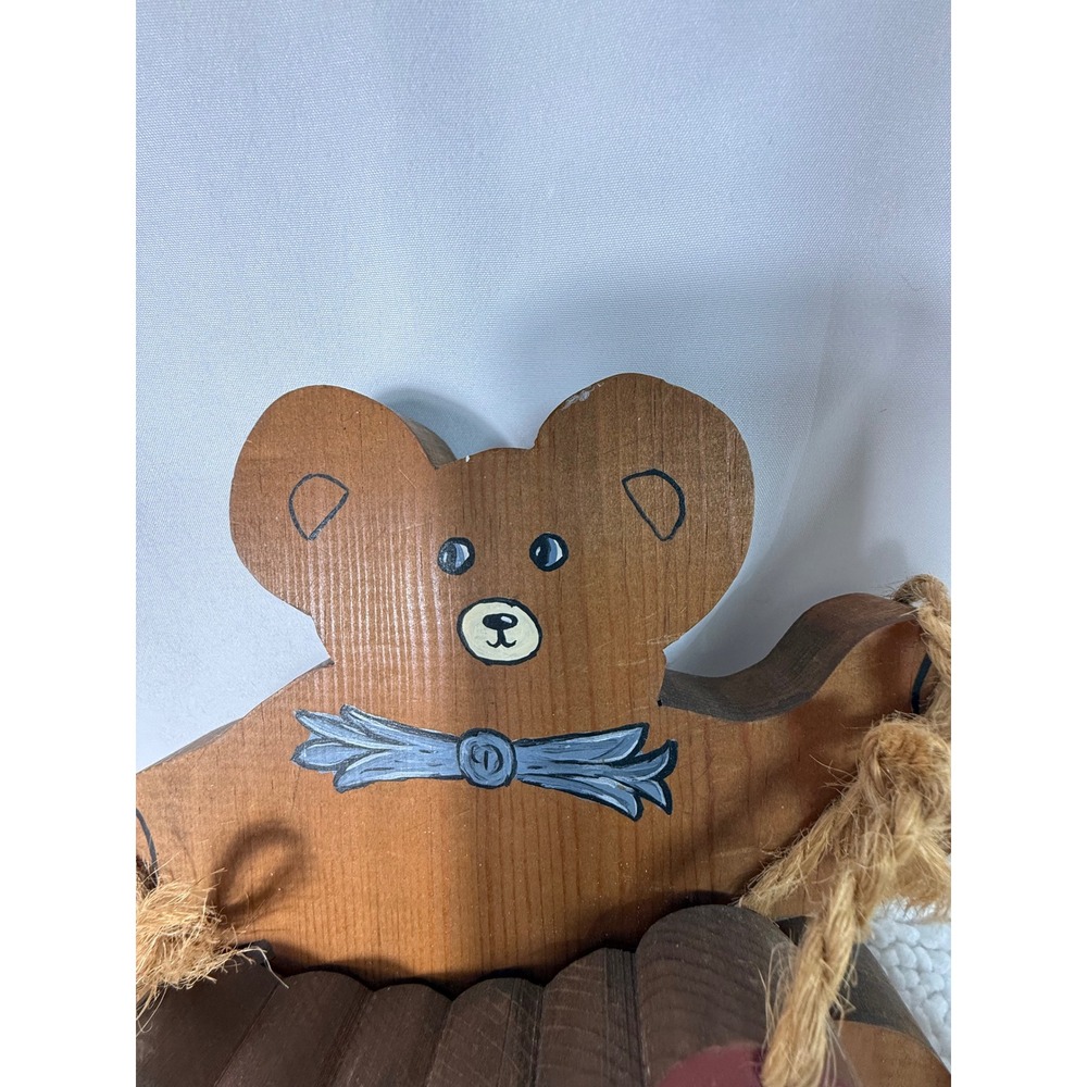VTG Hand Painted Wooden Teddy Bear with Hearts Cottagecore Wall Decor Brown 6in - Picture 3 of 9